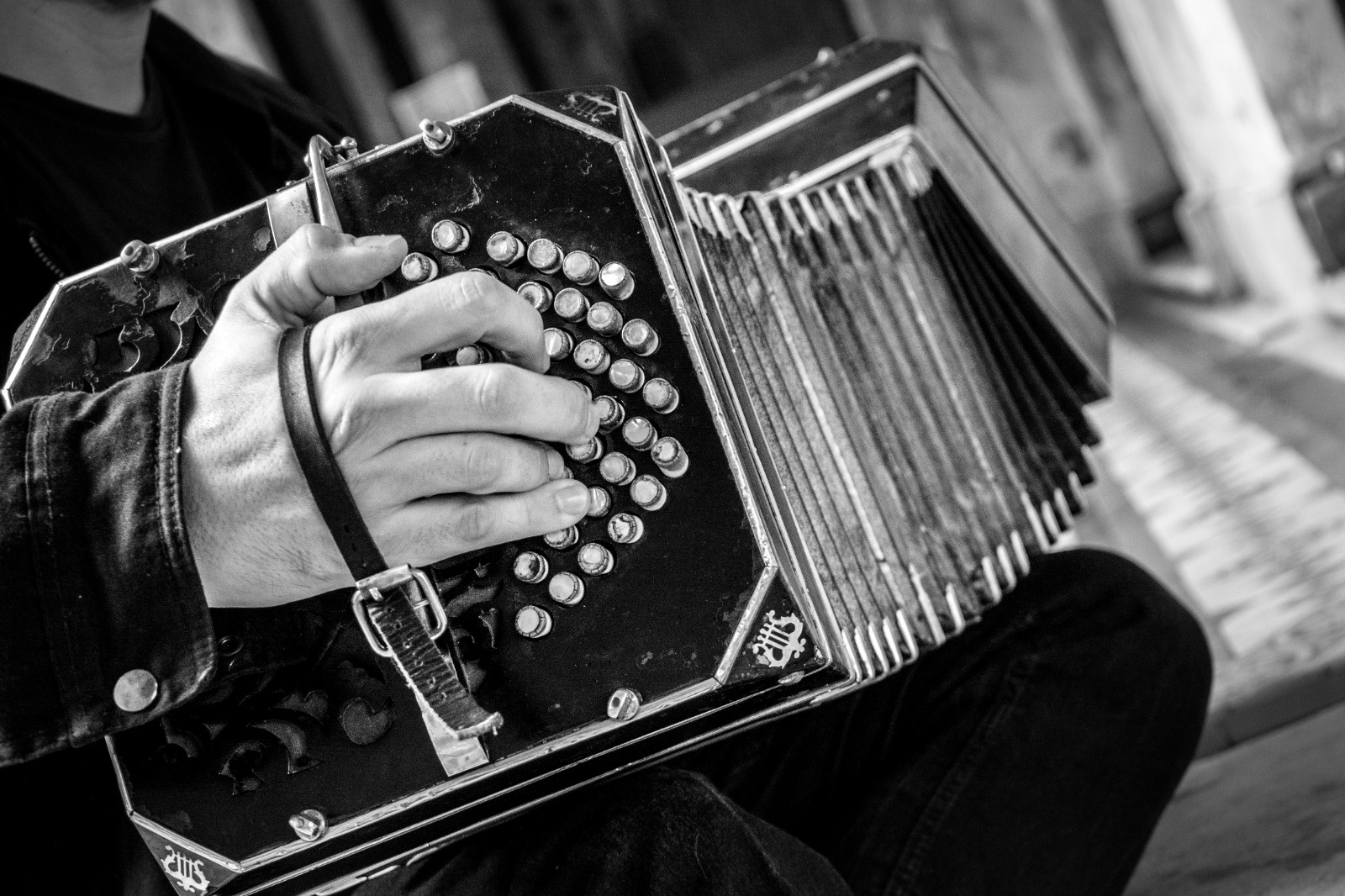 A musician's hands working the buttons and bellows of a bandoneón